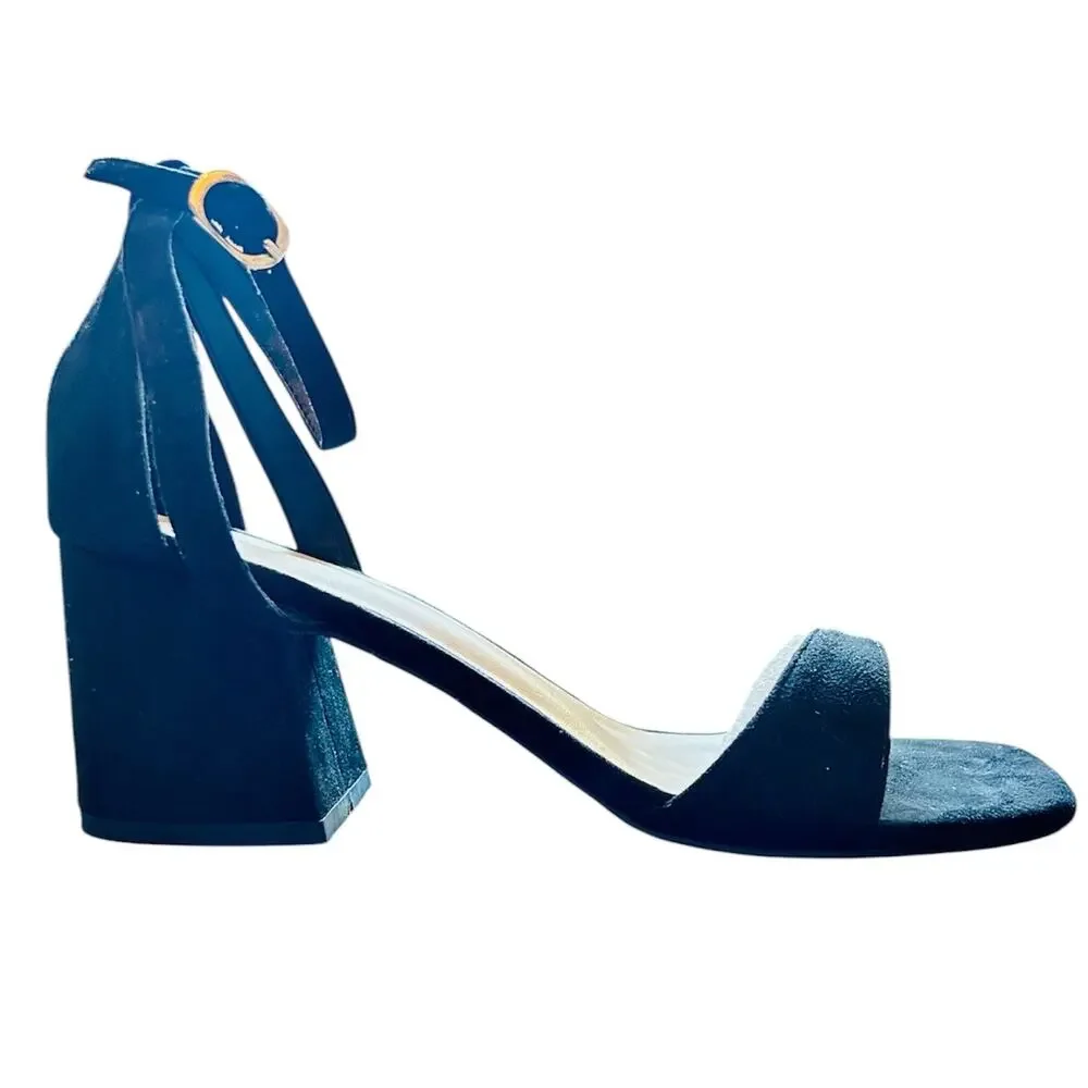 Lulus Danielia Black Faux Suede Block Heel Ankle Strap Sandals NWT 7.5